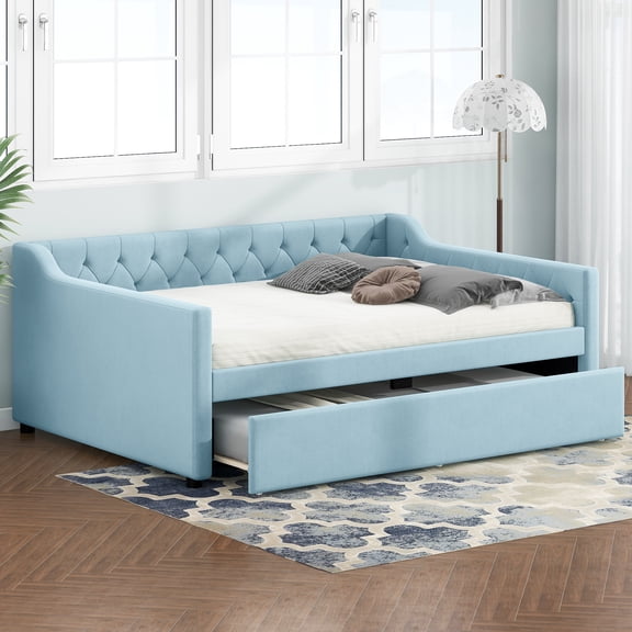 DreamBuck Full Size Upholstered Daybed with Trundle, Tufted Upholstered Daybed with Twin Size Trundle and Wood Slats Support, Modern Wood Full Daybed for Living Room, Bedroom, Guest Room, Blue