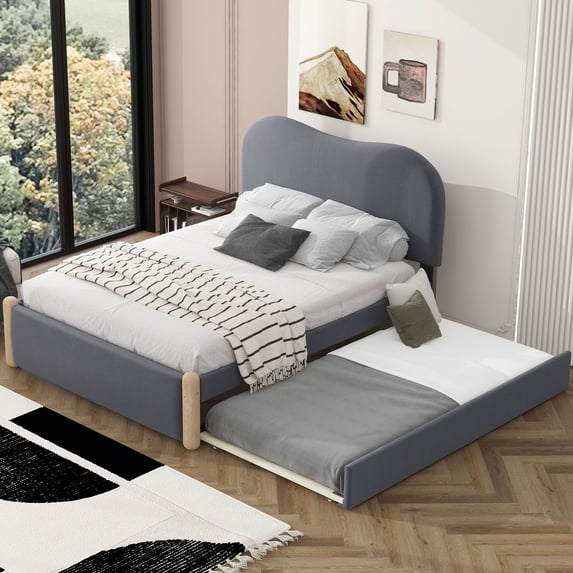 DreamBuck Full Size Upholstered Platform Bed Frame with Trundle, Modern Bed Frame with Cloud Shaped Headboard and Wood Supporting Feet, Full Size Bed Frame for Kids, Boys, Girls, No Box Spring Needed