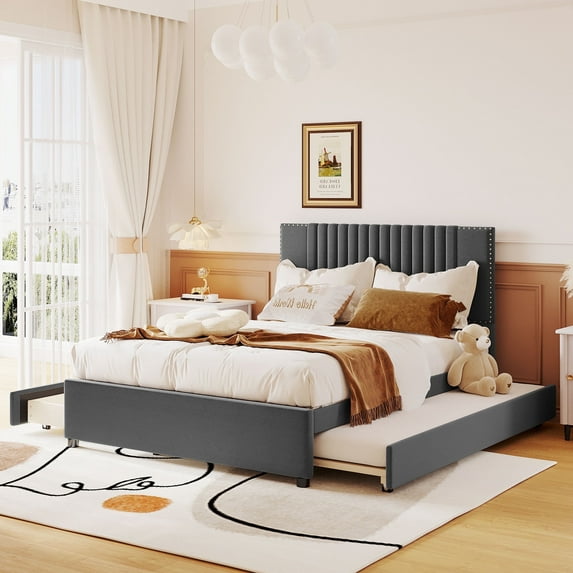 DreamBuck Full Upholstered Platform Bed with Twin Size Trundle and 2 Storage Drawers, Wood Full Bed Frame with Linen Headboard and Slat Support, Bed Frames for Adults, Teens, No Box Spring Needed