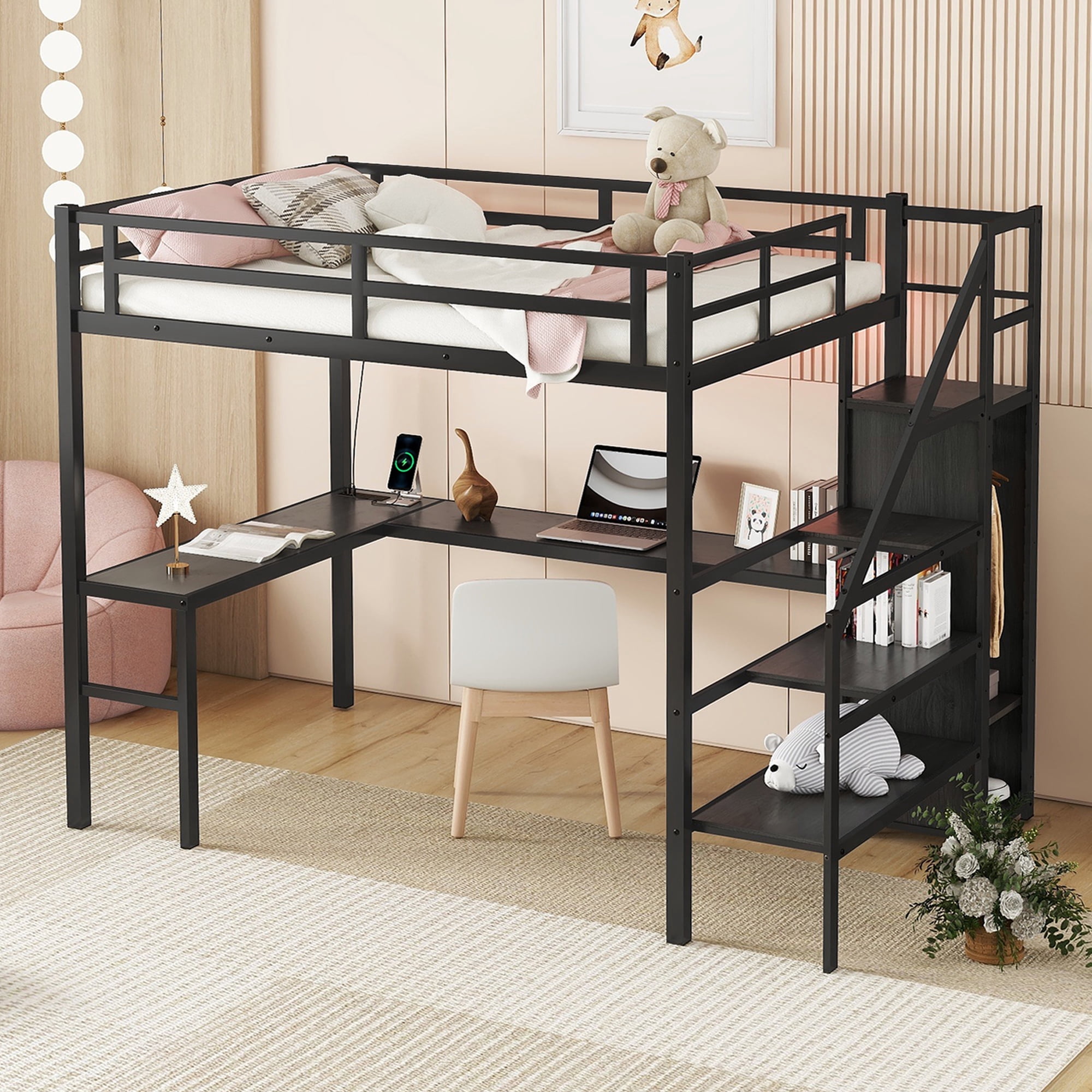 DreamBuck Full XL Size Loft Bed with L-Shaped Desk and Stairs, Metal ...