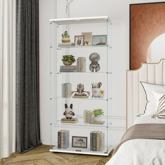 DreamBuck Glass Display Cabinet with 5 Shelves Double Door, Curio Cabinets for Living Room, Bedroom, Office, Black Floor Standing Glass Bookshelf, Quick Installation, White