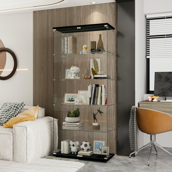 DreamBuck Glass Display Cabinet with 5 Shelves Double Door, Curio Cabinets for Living Room, Bedroom, Office, Black Floor Standing Glass Bookshelf, Quick Installation, Black