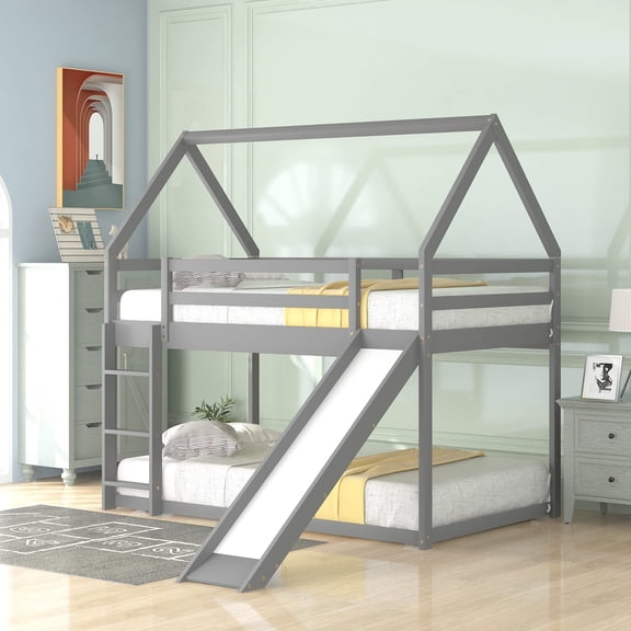 DreamBuck House Bunk Bed with Convertible Slide and Ladder, Floor Bunk Bed Twin over Twin with Safety Guardrail, Bunk Bed with Roof as Playhouse for Teens, Adults, No Box Spring Needed, Gray