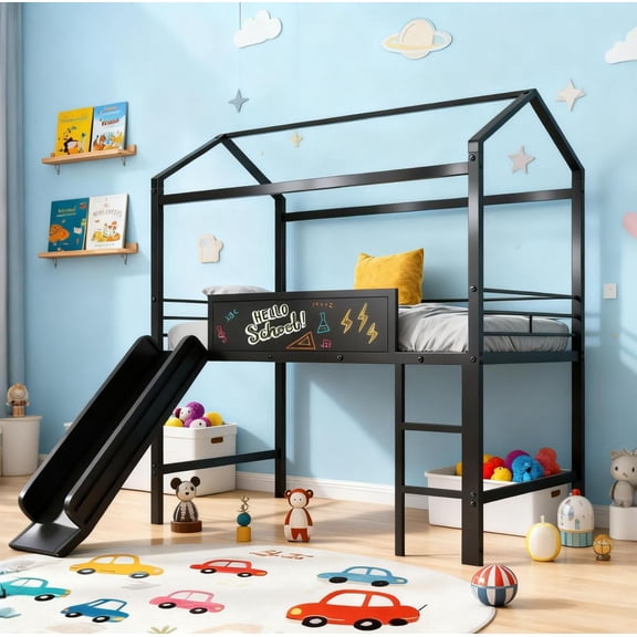 DreamBuck House Loft Bed with Slide, Twin Metal Loft Bed with Chalkboard, Roof, Guardrail, Built-in Ladder and Slide, Metal House Bed for Teens, Twin Loft Beds for Bedroom Dorm, No Box Spring Needed