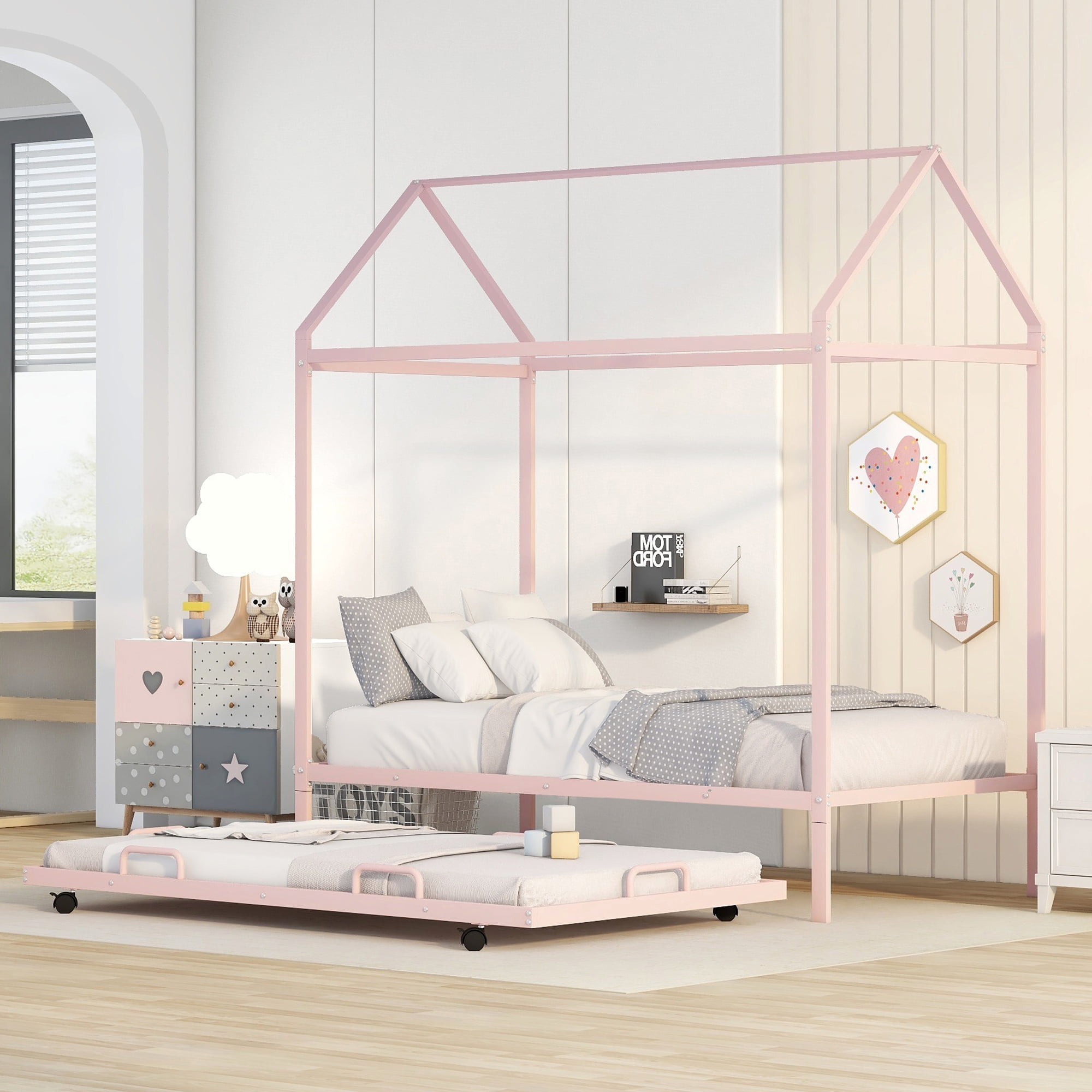 DreamBuck House Twin Bed with Trundle, Kids Metal Bed Frame Twin ...