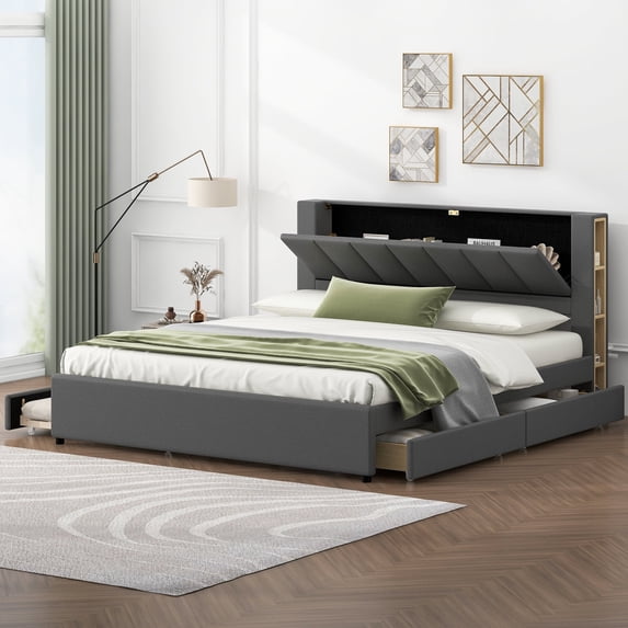DreamBuck King Size Bed Frame with Storage Headboard, Upholstered Platform Bed with 2 Drawers and Twin Trundle, Modern Practical Bed Frame for Adults, No Box Spring Needed, Easy Assembly, Gray