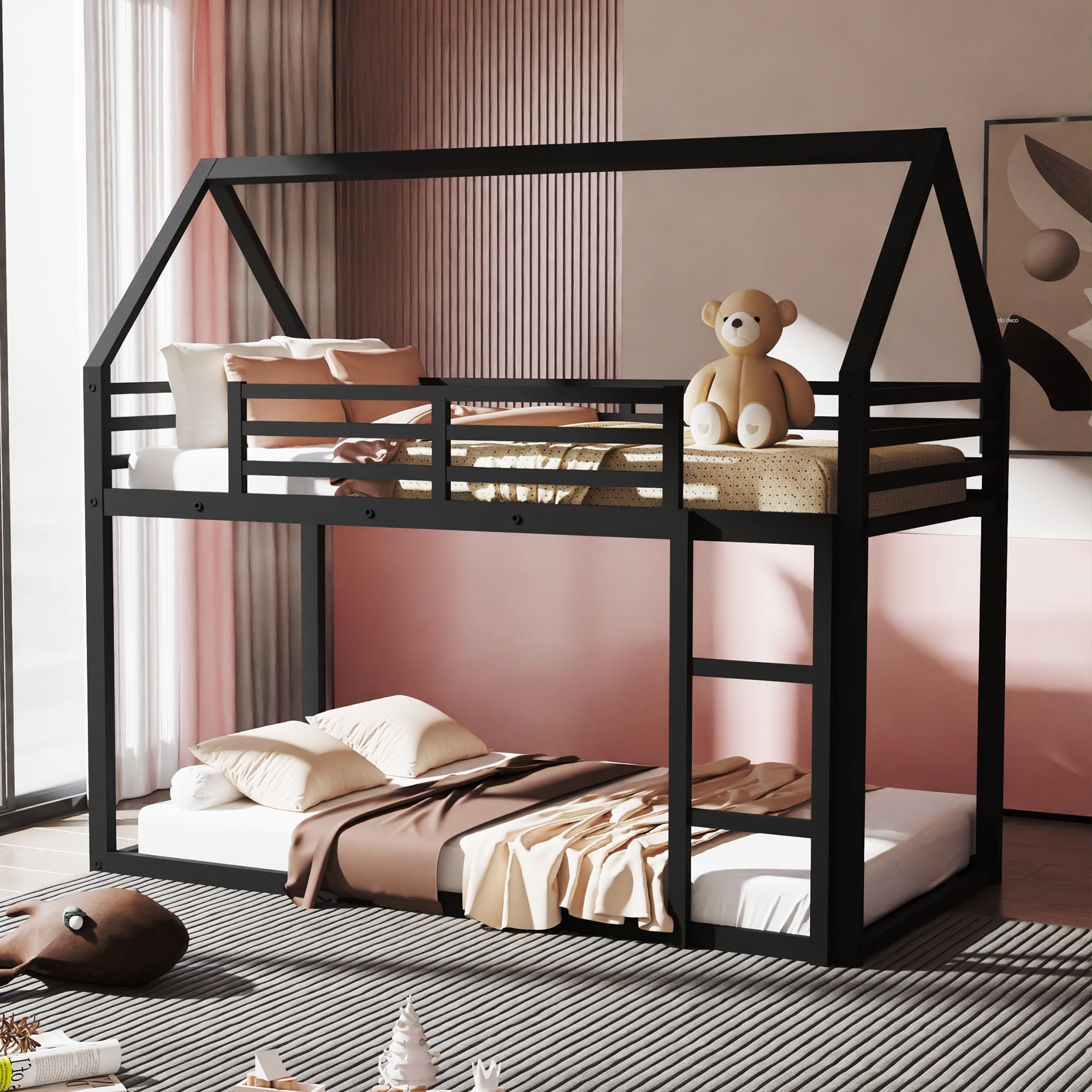 DreamBuck Metal Bunk Bed, House Bunk Bed Twin over Twin, Twin Bunk Bed