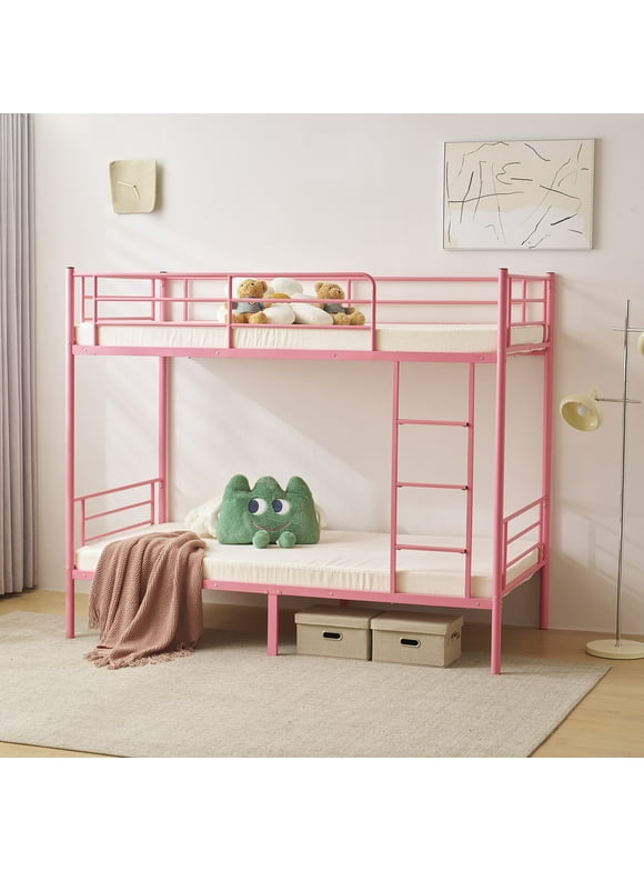 DreamBuck Metal Bunk Bed Twin over Twin, Twin Bunk Beds with Ladder and Safety Guard Rail, Low Bunk Bed, No Box Spring Needed, Easy to Climb, Pink