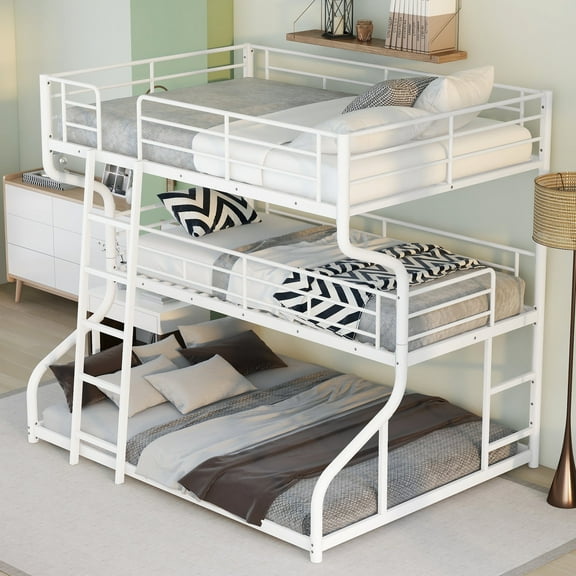 DreamBuck Metal Triple Bunk Beds, Full XL over Twin XL over Queen Bunk Beds for 3, Heavy-Duty Bunk Bed with Guardrail, Built-in Ladder for Bedroom, Dorm, , Teens, Adults, White