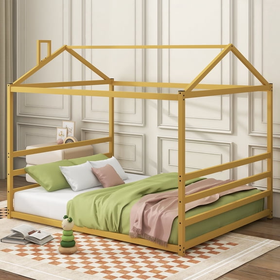 DreamBuck Montessori Floor Bed, Queen Size Metal House Bed with Roof, Montessori Floor Bed for Girls, Boys, Floor Bed for Bedroom, Playroom, No Box Spring Needed, Gold