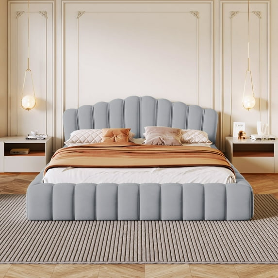 DreamBuck Queen Size Floor Bed Frame with Shell-Shaped Headboard and Wooden Slats, Velvet Upholstered Platform Bed with Soft Cushioning All Around Guards, No Box Spring Needed, Easy Assembly