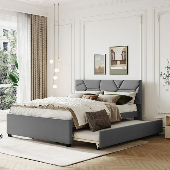 DreamBuck Queen Size Upholstered Platform Bed with Trundle, Linen Fabric Platform Bed Frame with Brick Pattern Headboard, Queen Bed Frame for Adults, Teens, No Box Spring Needed, Noise Free, Gray