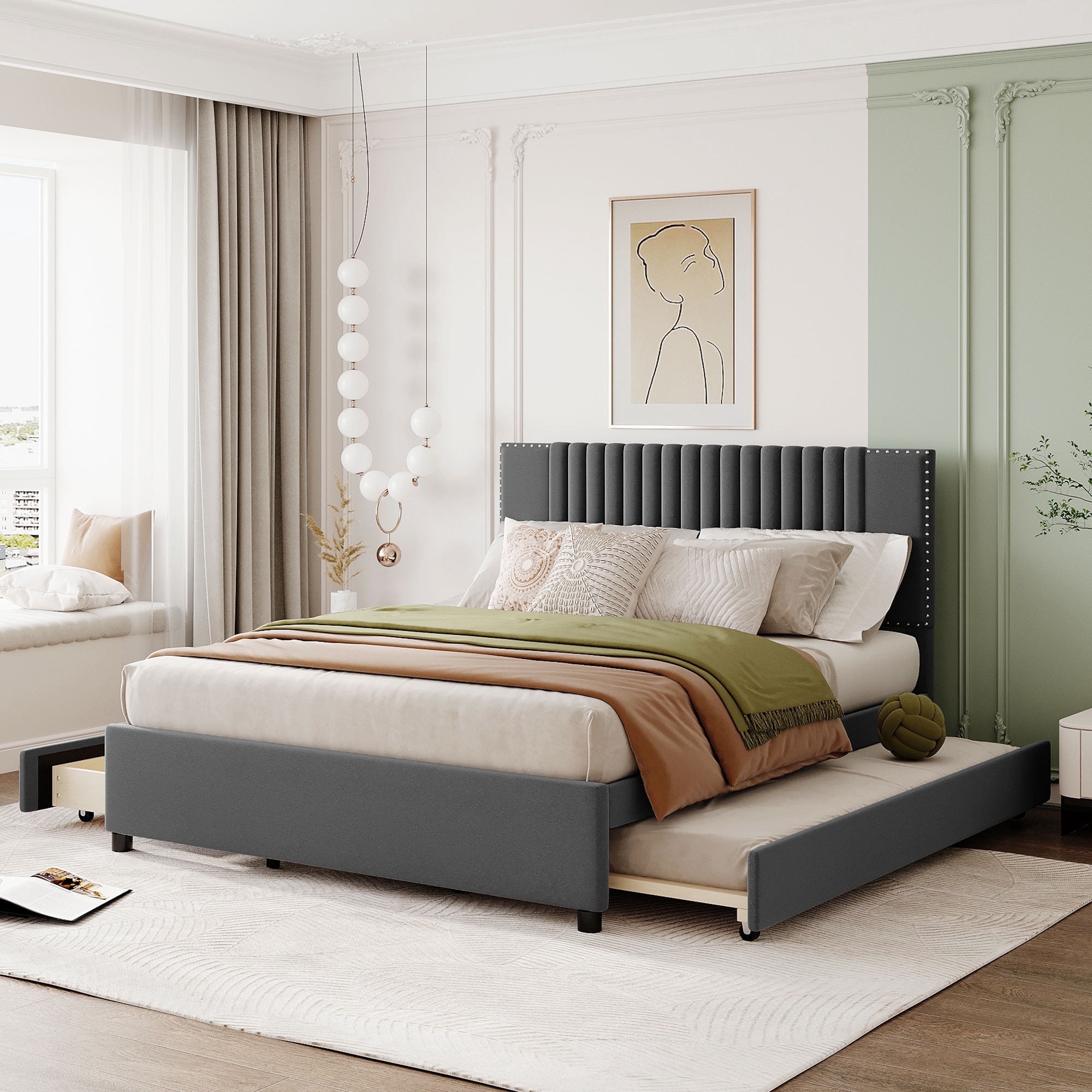 DreamBuck Queen Upholstered Platform Bed with Twin XL Trundle and 2 — free download