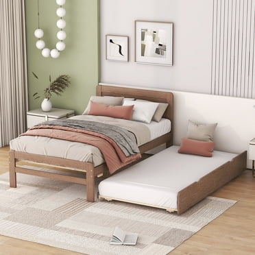 DreamBuck Twin Bed Frame with Trundle, Wooden Bed Frame with Headboard, Kids Twin Platform Bed with Pull Out Trundle Bed, Modern Design Twin Trundle Bed for Bedroom, No Box Spring Needed, Noise Free