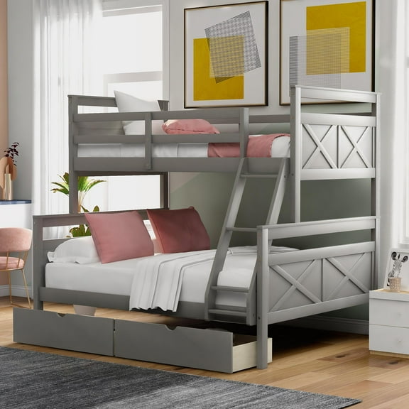 DreamBuck, Twin over Full Bunk Bed with Drawers, Solid Wood Bunk Beds with Ladder & Guardrail, Bunk Bed Frame for Teens, Adults, No Box Spring Needed, Convertible to 2 Separated Beds, Gray
