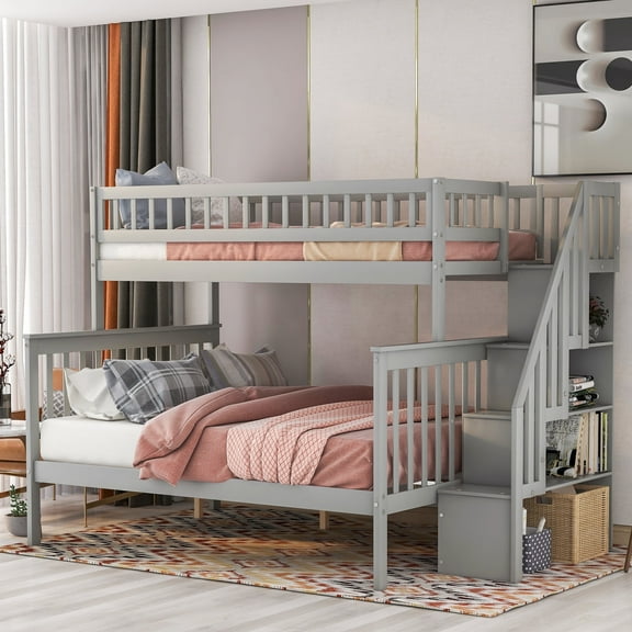 DreamBuck Twin over Full Bunk Bed with Storage, Wooden Bunk Bed with Staircases and Guardrails, Converted to 2 Beds, Modern Bunk Beds for Teens Adults, Bedroom, Dorm, Easy Assembly