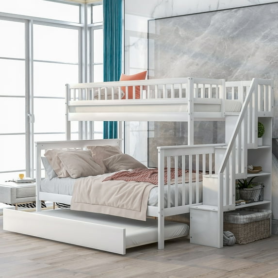 DreamBuck Twin over Full Bunk Bed with Trundle and Stairs, Solid Wood Bunk Beds for Adults Teens, Loft Bunk Beds with Storage, Full-Length Guardrail, No Box Spring Needed, White