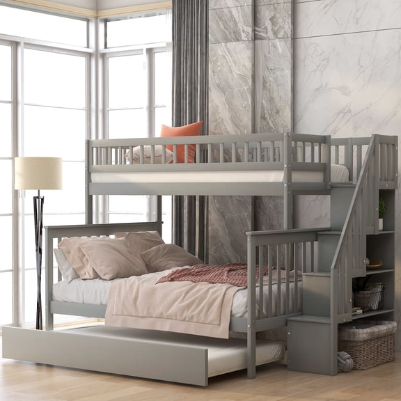 DreamBuck Twin over Full Bunk Bed with Trundle and Storage Functional Staircase, Modern Bunk Bed with Full-Length Guardrail & Solid Slat Support for Teens, No Box Spring Needed, Gray