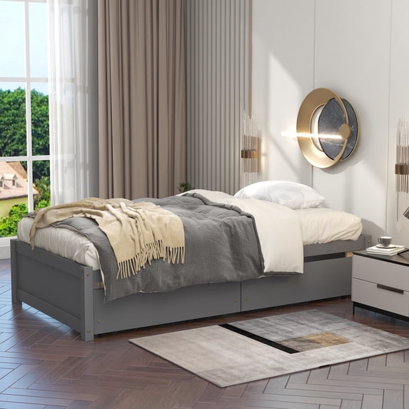 DreamBuck Twin Platform Bed with 2 Storage Drawers, Solid Wood Platform Bed with Support Slats, Twin Bed Frame for Teens, Adults, No Box Spring Needed, No Headboard, Easy Assembly, Grey
