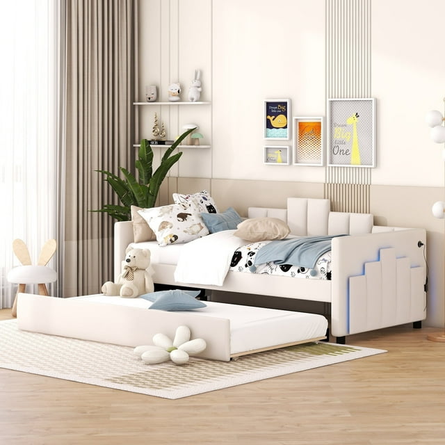 DreamBuck Twin Size Daybed with Trundle, Upholstered Daybed Frame with Charging Station and LED Lights, Twin Daybed with 2 USB ports, Twin Bed Frame for Teens, Adults, No Box Spring Needed, Beige