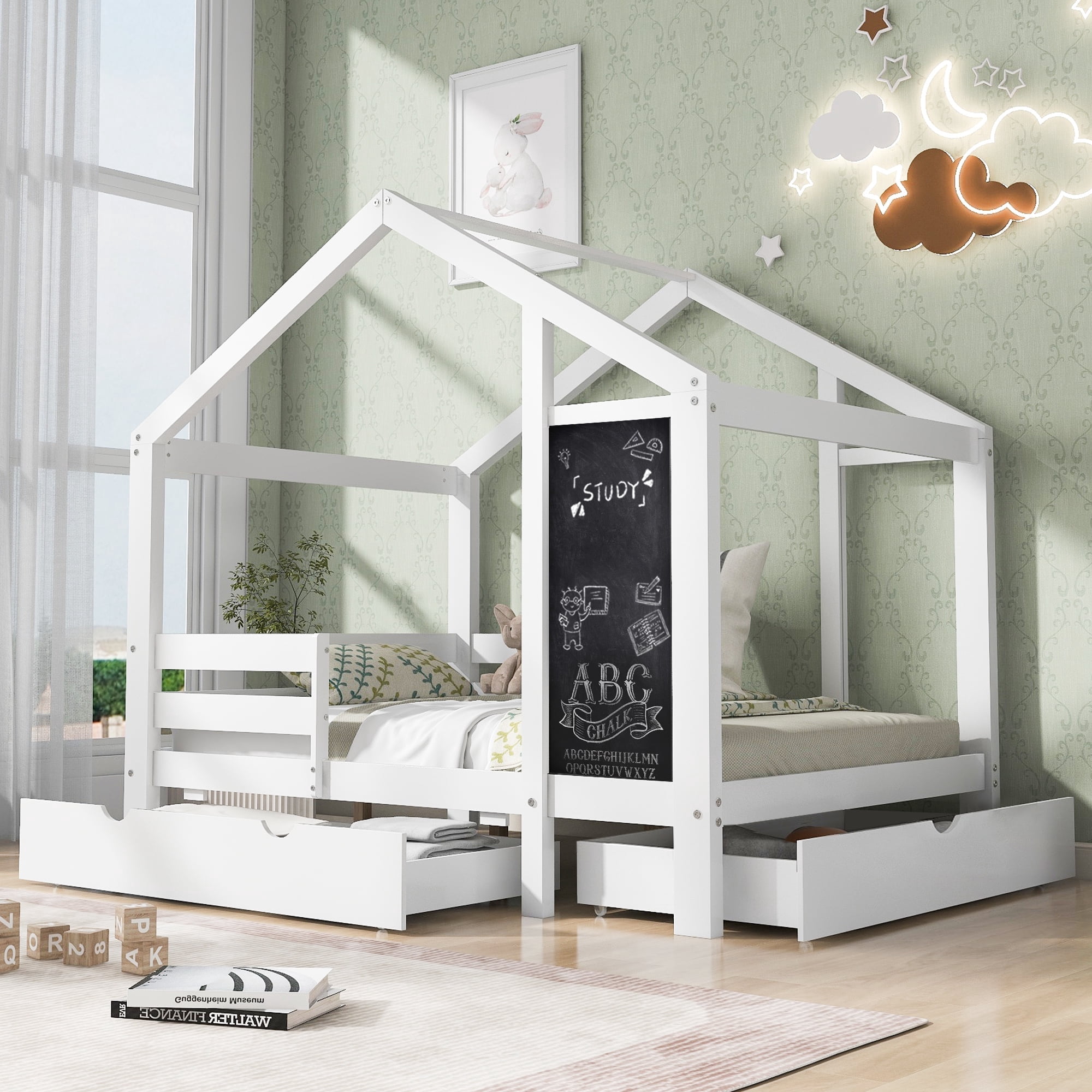 DreamBuck Twin Size House Bed with Storage Drawers and Blackboard, Wood Playhouse Platform Bed with Guardrails and Slats, Twin House Bed for Boys, Girls, Easy Assembly, Noise Free