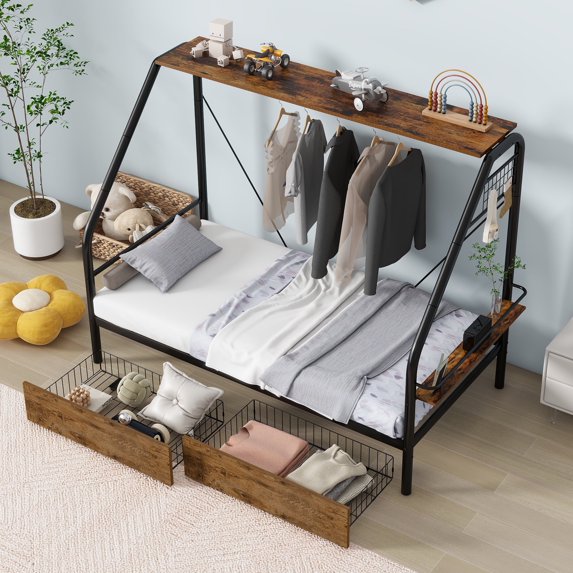 DreamBuck Twin Size Metal Bed Frame with 2 Drawers and Shelves, Platform Bed Frame with Clothes Rack, Heavy Duty Bed Frame for Bedroom, Drom, Small Room, Metal Slat Support, No Box Spring Needed