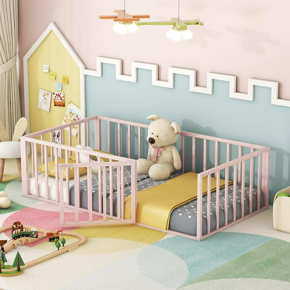DreamBuck Twin Size Montessori Floor Bed with Safety Fence and Door, Metal Floor Bed Frame, Minimalist Versatile Floor Bed for Girls, Twin Bed Frame for room, Playroom