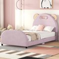 thumbnail image 1 of DreamBuck Twin Size Platform Bed, Upholstered Platform Bed with Light Stripe, Wood Bed Frame with Velvet Bear-Shaped Headboard, Twin Bed Frame for Girls, , Teens, No Box Spring Required, Pink, 1 of 9