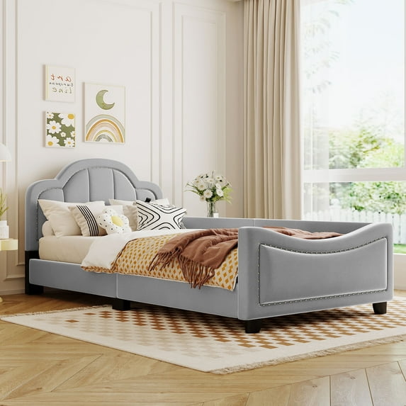 DreamBuck Twin Size Upholstered Daybed with Cloud Shaped Headboard and Footboard, Velvet Bed with Guardrail and Embedded Copper Nail, Wood Twin Platform Bed Frame for Boys, Girls, Gray