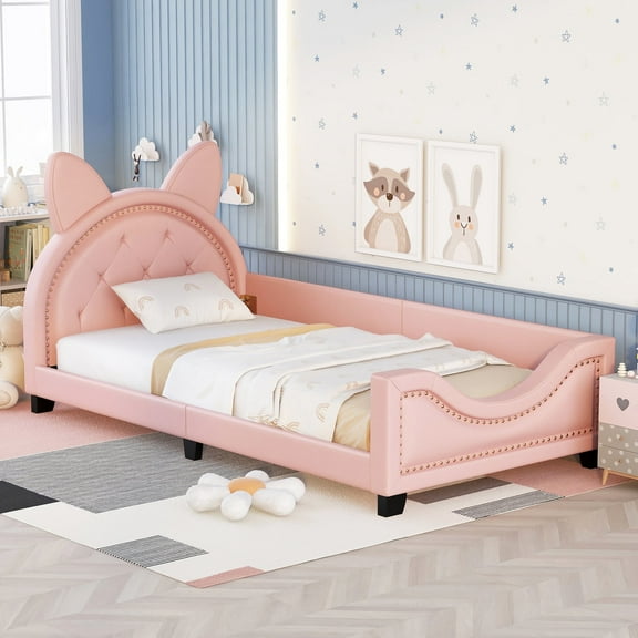 DreamBuck Twin Size Upholstered Daybed, Wooden Daybed Frame with Carton Ears Shaped Headboard, PU Leather Platform Bed for Girls Boys, Pink