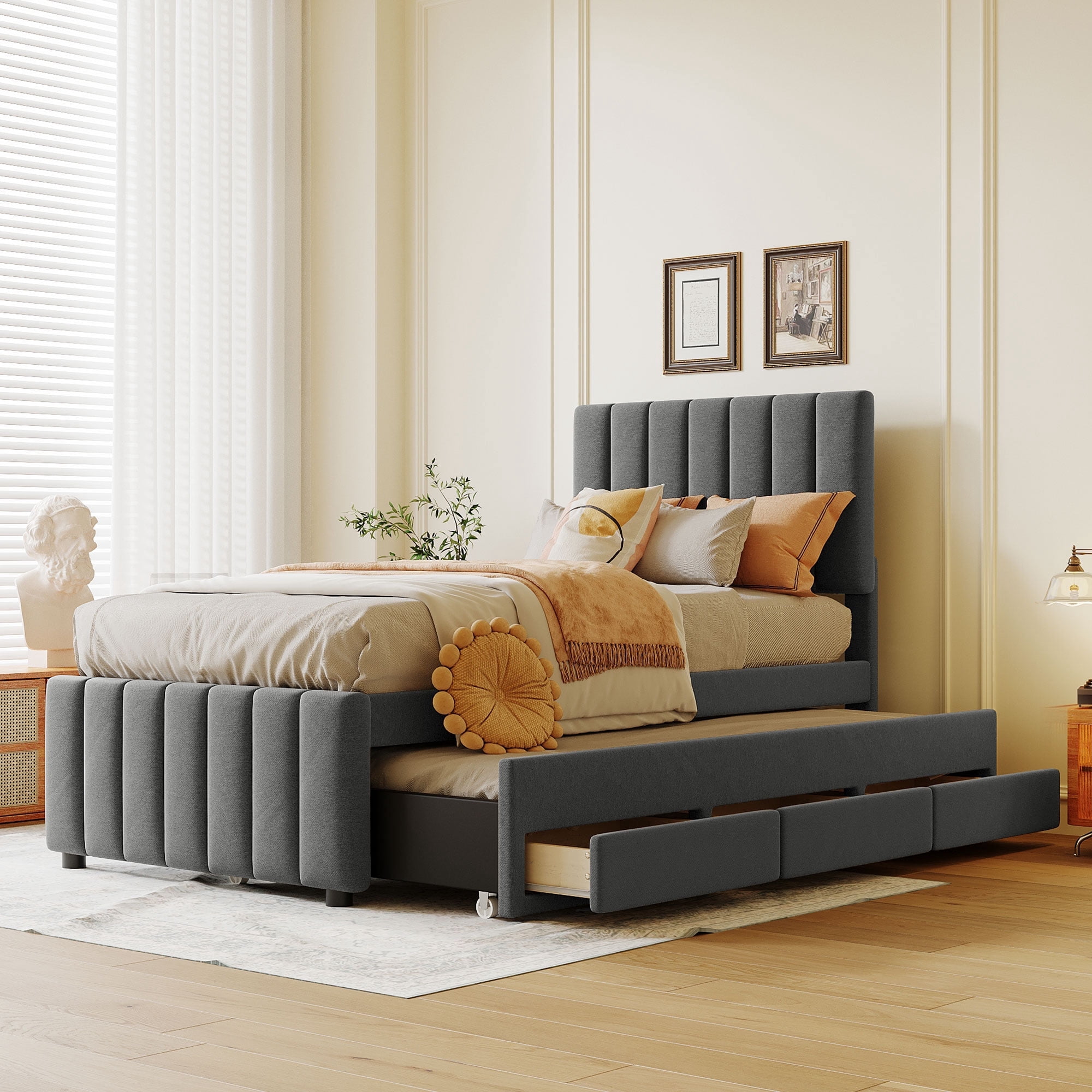 DreamBuck Twin Upholstered Platform Bed with Trundle and 3 Drawers ...