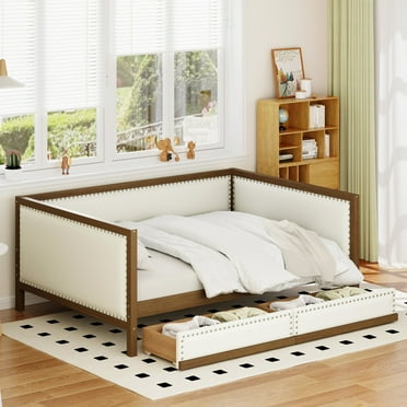 DreamBuck Upholstered Daybed with 2 Drawers, Full Size Linen Daybed with Nailhead Decoration and Wood Slats Support, Full Size Daybed Frame for Small Living Spaces, No Box Spring Needed