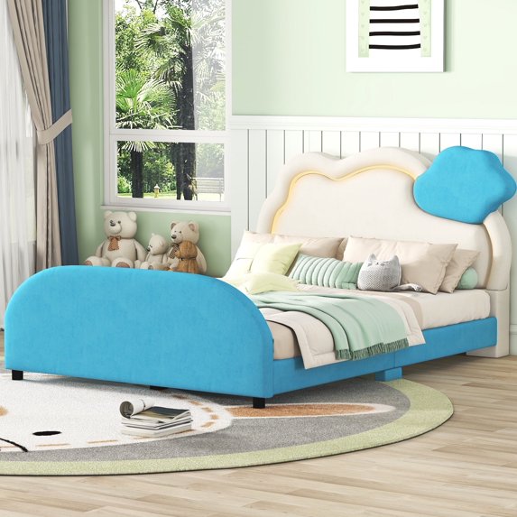 DreamBuck Upholstered Platform Bed, Full Size Velvet Fabric Wood Bed Frame with Cloud-Shaped Headboard and Light Stripe, Cute Bed Frame for Bedroom, Dorm, Full Bed Frame for Boys, Girls, Blue