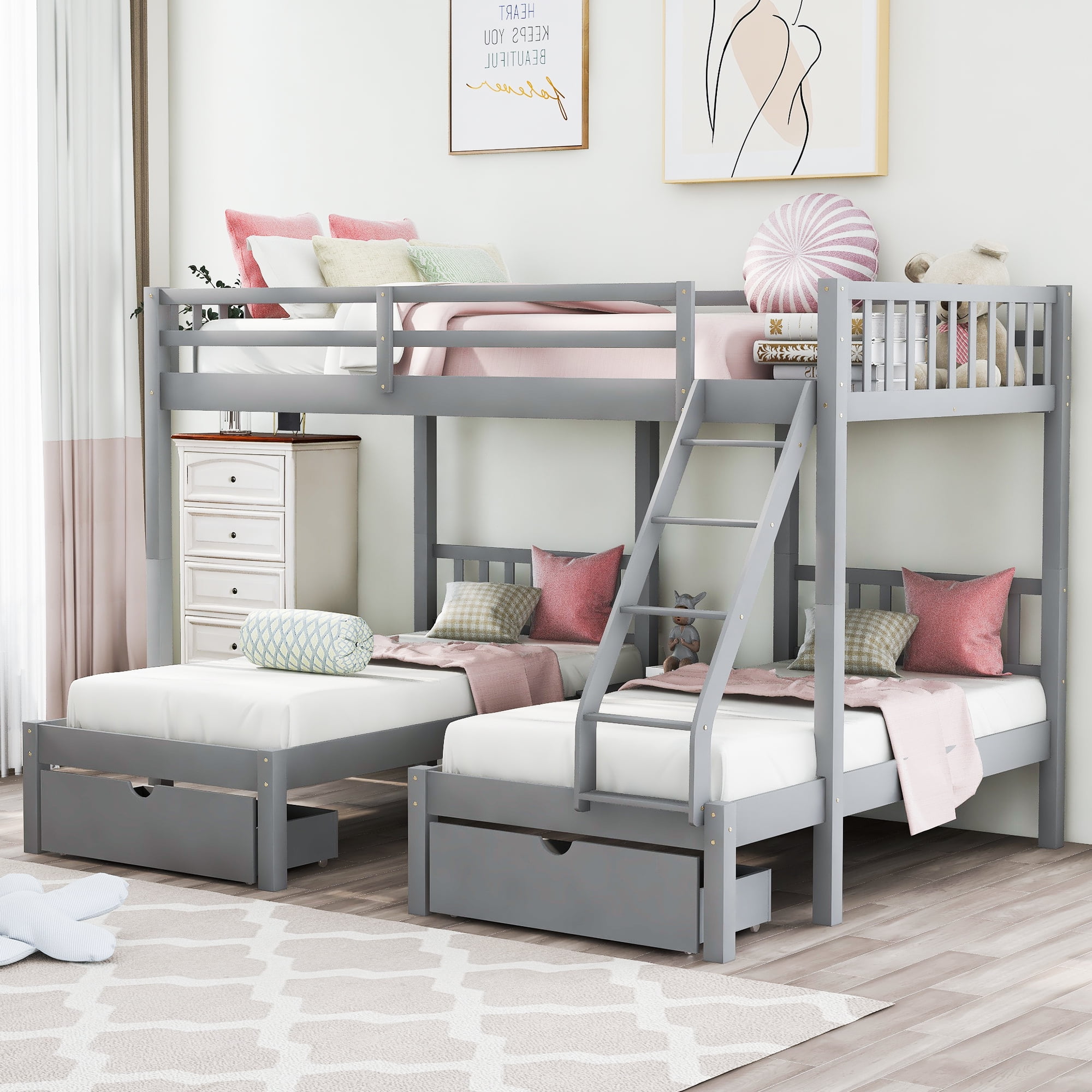 Gray Pine Wood Triple Bunk Bed with Drawers and Guardrails