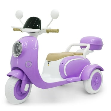 TCARAIWEN 12V Kids Electric Motorcycle Battery 3-Wheeler Tricycle w/Bluetooth Music LED Storage Box Purple