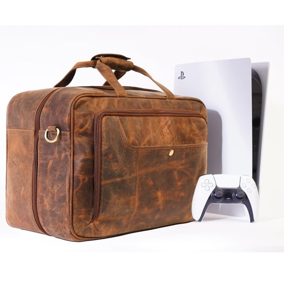 DreamController Genuine Leather PS5 Carrying Case | Gaming Bag with Detachable Adjustable Compartment for Accessories | Full Grain Leather Weekender Bag for Gaming Console | Vintage Brown Leather Bag