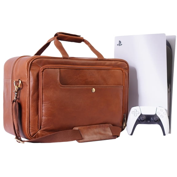 DreamController Genuine Leather PS5 Carrying Case | Gaming Bag with Detachable Adjustable Compartments for Accessories | Full Grain Leather Weekender Bag for Gaming Console | Tan cowboy Leather Bags