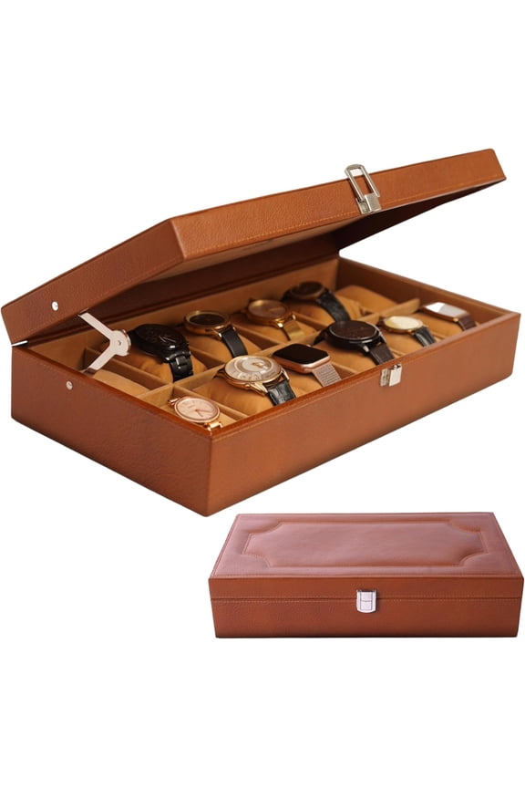DreamController Genuine Leather Watch Case for Men, 12 Slot, Tan, Brown