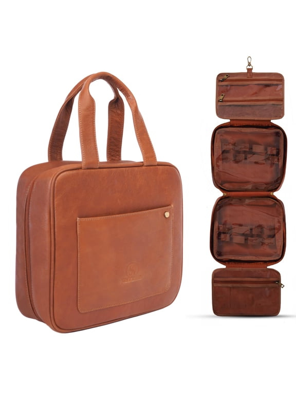 Large Hanging Leather Toiletry Bag for Men | Full Grain Genuine Leather Dopp Kit with Large Foldable Compartments | Real Leather Makeup Bag Organizer for Women See-through Compartment