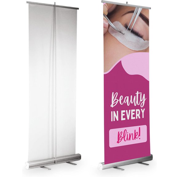 DreamController Lashes & Brows Retractable Banner with Stand, 33"x81" Vertical Display Pull-Up Banner for Trade Shows, Business Events & Promotions(Beauty in Every Blink)