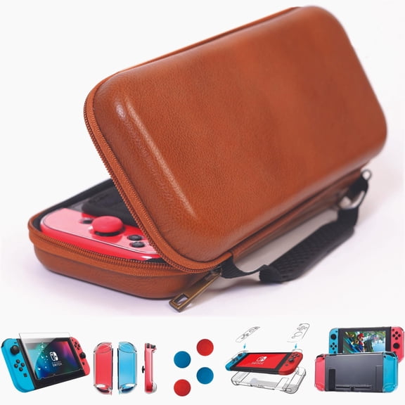 DreamController Limited Edition Genuine Leather Hard Shell Travel Case for Nintendo Switch with 10 Gamecard Slot with Back Protective Dockable Case, 2 Joycon Cover, 4 Thumbstick Cap, Screen Protector