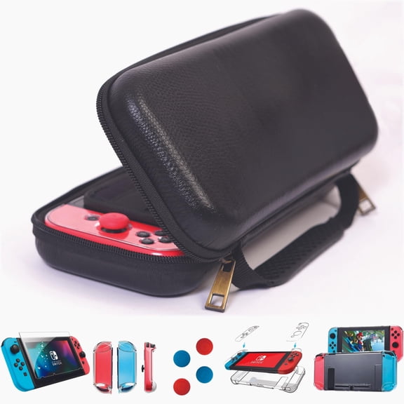 DreamController Limited Edition Genuine Leather Hard Shell Travel Case for Nintendo Switch with 10 Gamecard Slot with Back Protective Dockable Case, 2 Joycon Cover, 4 Thumbstick Cap, Screen Protector