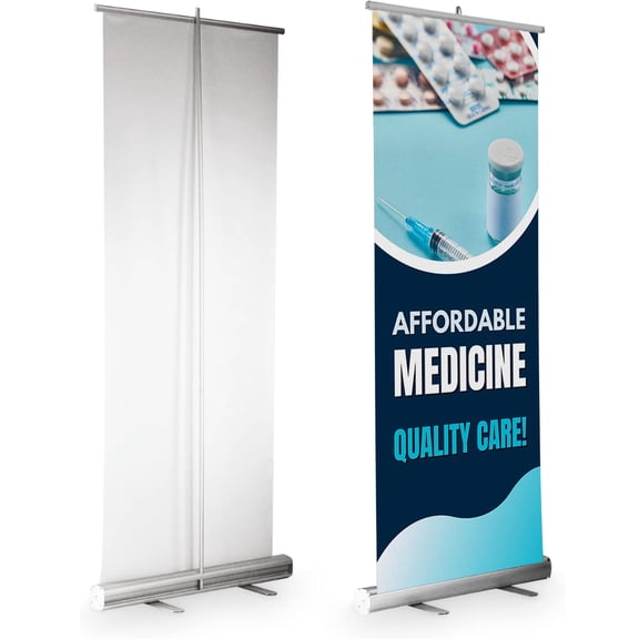 DreamController Medicine Retractable Banner With Stand 33"x81" Vertical Display Pull-Up Banner for Trade Shows, Business Events & Promotions (Affordable Medicine Quality Care)