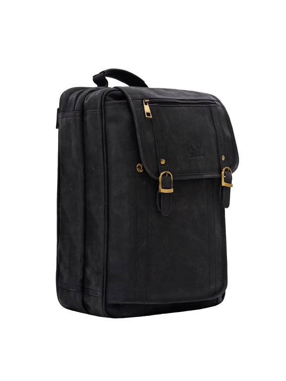 Real Leather Backpack Convertible 5in1: Laptop Bag, Shoulder Backpack, Messenger-Crossbody, Trolly Strap & Top Handle Black.