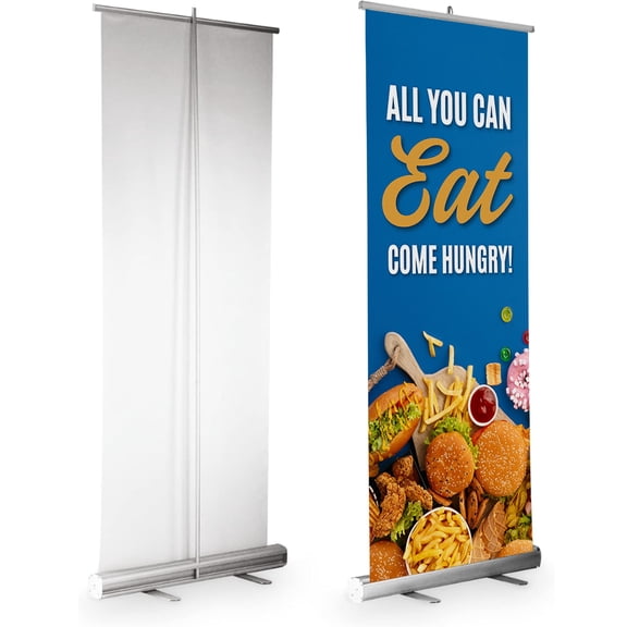 DreamController Restaurant Retractable Banner With Stand, 33"x81" Vertical Display Pull-Up Banner for Trade Shows, Business Events & Promotions (All You Can Eat Come Hungry)