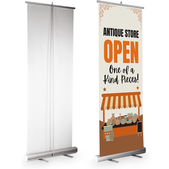 DreamController Sele Retractable Banner With Stand, 33"x81" Vertical Display Pull-Up Banner for Trade Shows, Business Events & Promotions(Antique Store Open OneofaKind Pieces)