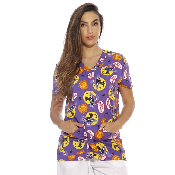 DreamCrest Women's Scrub Tops Holiday Scrubs Nursing Scrubs (Halloween with Cats, Large, Regular)