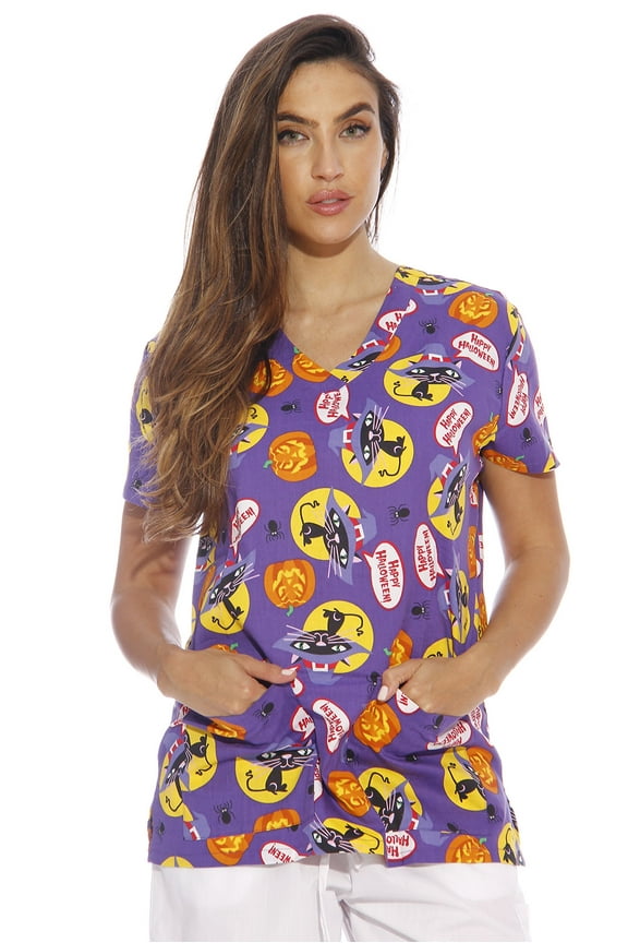 Women's Scrub Tops Holiday Scrubs Nursing Scrubs (Halloween with Cats, Large, Regular)