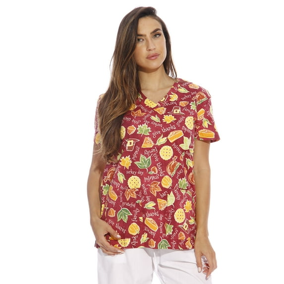DreamCrest Women's Scrub Tops Holiday Scrubs Nursing Scrubs (Harvest, X-Small, Regular)