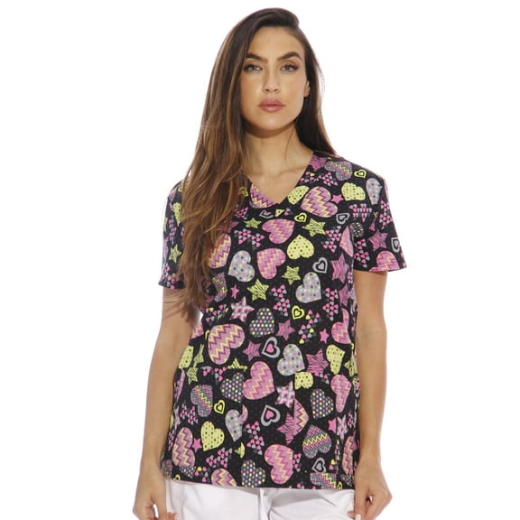 DreamCrest Women's Scrub Tops Holiday Scrubs Nursing Scrubs (Hearts, Large)